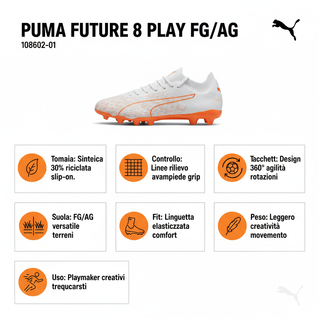 Puma FUTURE 8 PLAY FG/AG 108602-01 Bianco Arancio Scarpe Calcio Unisex - OnSide Football